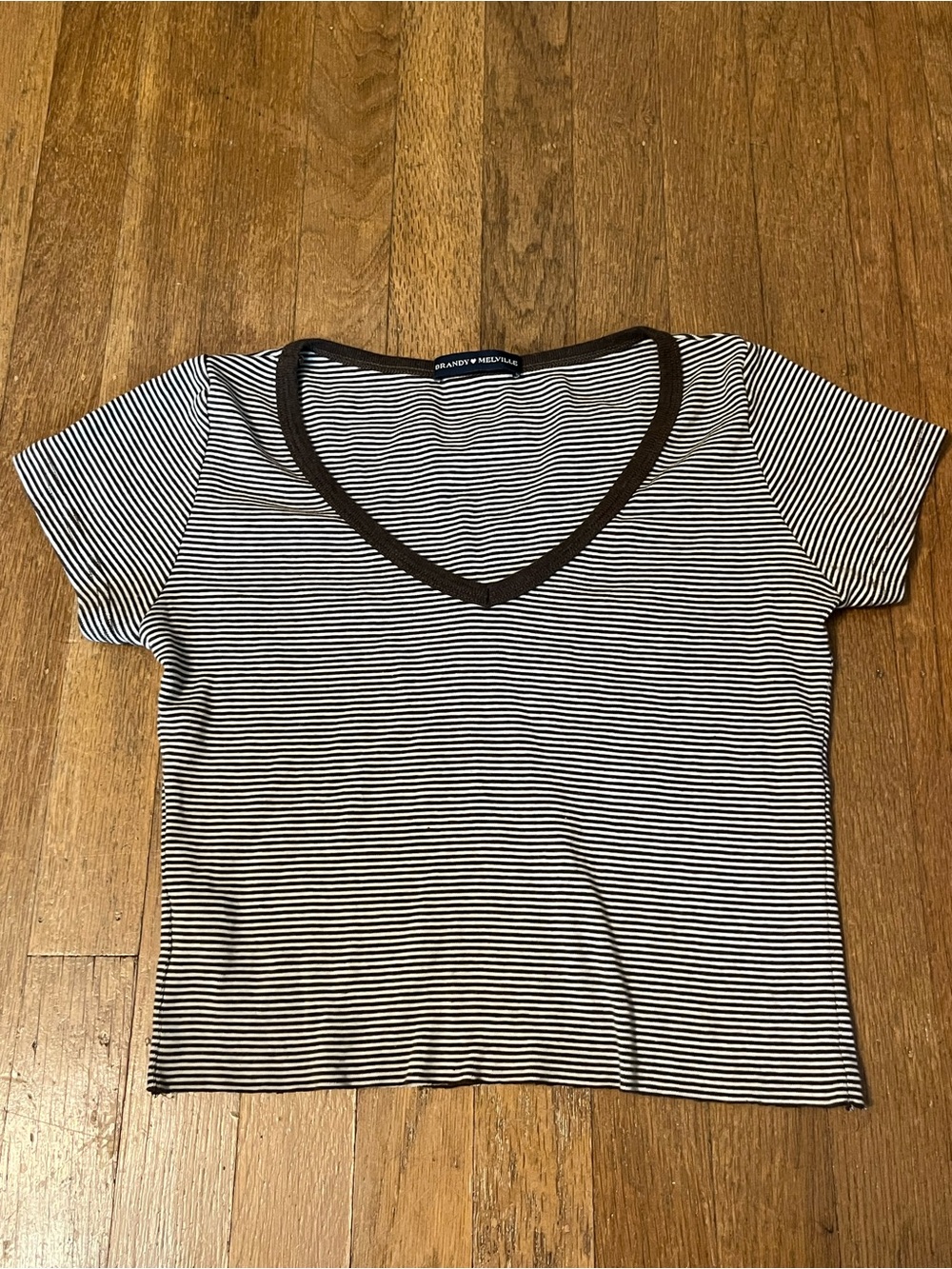 Brandy Melville Brown & White Striped V-Neck Tee with Black Trim